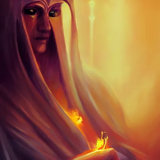 Image similar to ( a priestess with a hood that covers half her face carries an incense burner that emits a pleasantly colored flame. ) by anato finnstark, photorealistic, full body portrait, dynamic lighting, beautiful, trending on artstation, wallpaper, 4 k, award winning, digital art, golden hues, dream background