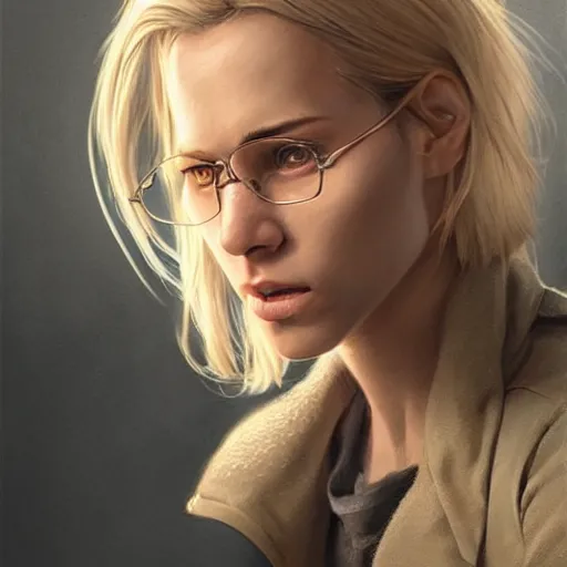 Image similar to hot looking blonde girl scientist who just made a huge mistake, light stubble, digital art, photorealistoc, art by greg rutkowski, hyperdetailed, western comic style, comic, comic style, sharp lineart, professional lighting, deviantart, artstation, trevor henderson, rossdtaws, cinematic, dramatic