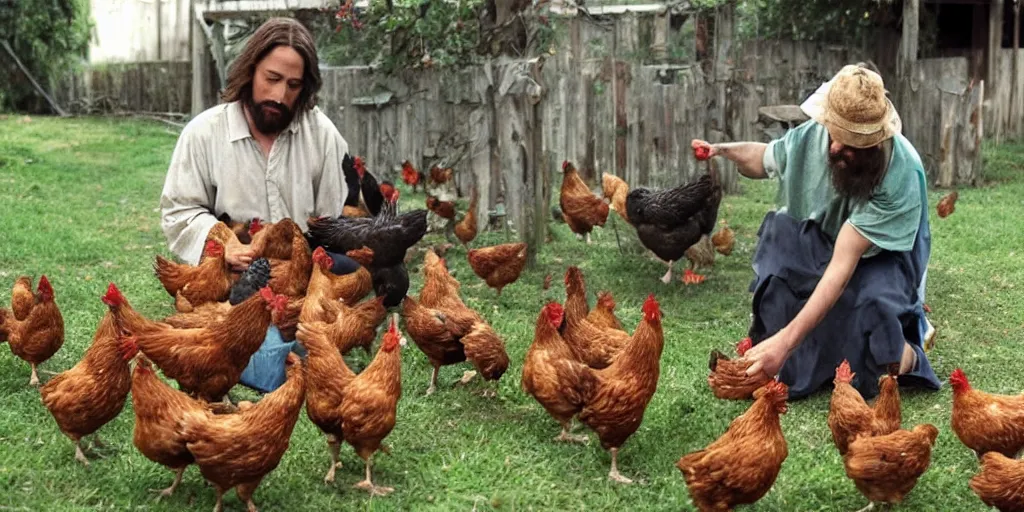 Prompt: Jesus is feeding the chickens