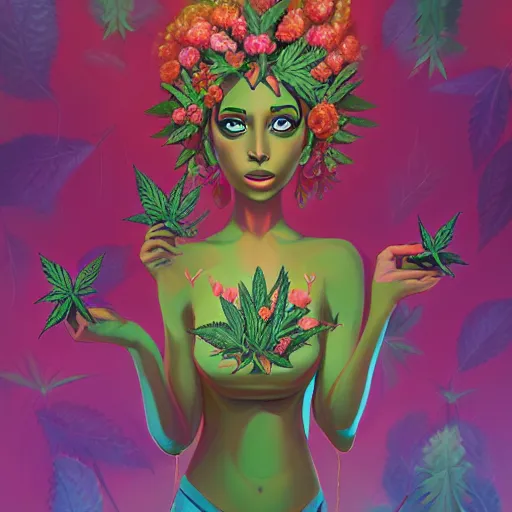 Image similar to goddess of plant medicine, and art by lois van baarle highly detailed painting trending on arstation vivid colors cannabis