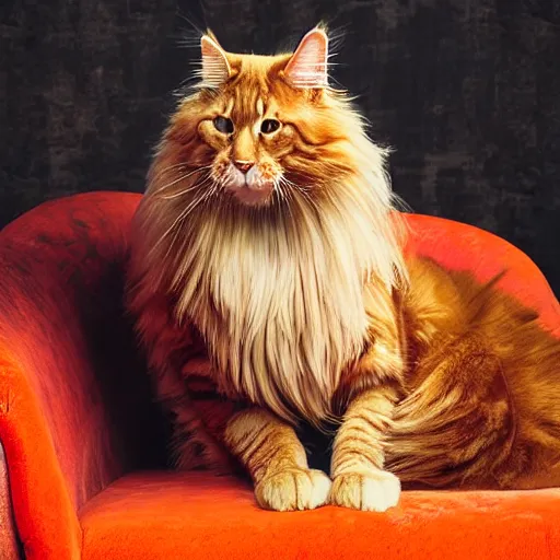 Image similar to ”huge orange maine coon cat biting the nose of a red bearded viking resting on a couch, [cinematic, photorealistic, dslr, portrait, photography, annie leibowitz]”