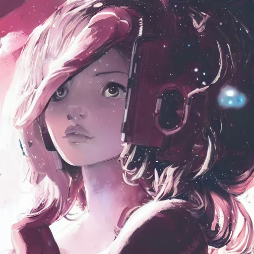 Prompt: highly detailed portrait of a young astronaut lady with a wavy blonde hair, by Dustin Nguyen, Akihiko Yoshida, Greg Tocchini, Greg Rutkowski, Cliff Chiang, 4k resolution, nier:automata inspired, bravely default inspired, vibrant but dreary magenta, black and white color scheme!!! ((Space nebula background))