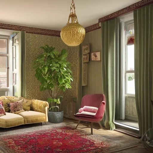 Image similar to beautiful rendering of an interior scene, english retro living room with sunlight coming from the window, plants and roses as accents, gold glittering ornaments, trending on behance, by raphael lacoste and craig mullins, rule of thirds, 8 k resolution, unreal engine, rendered in maya, detailed, wide - angle lens, two - point perspective, light effect, overall color balance