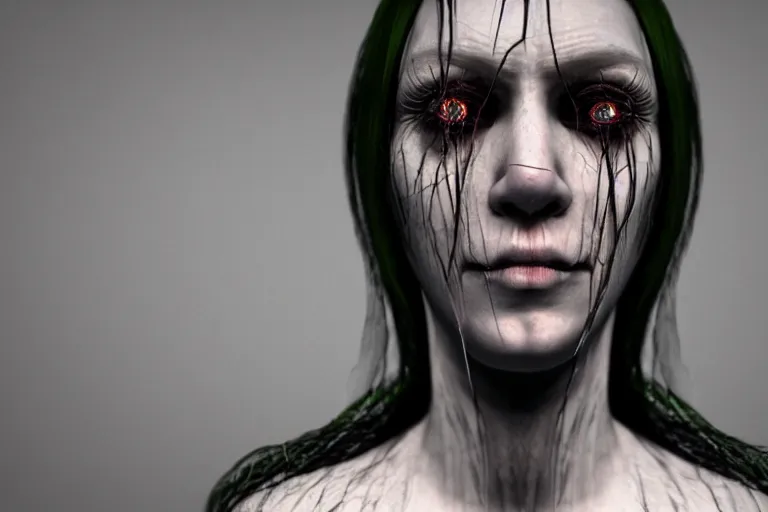 Image similar to creepy ugly witch portrait stuck in the matrix, glitchy, buggy, playstation 1 graphics, low poly 3 d render, creepypasta, volumetric lighting, dramatic, octane render, scary, horrific, award - winning, detailed, weird, close - up, featured on artstation, strange, off - putting, demonic, odd, atmospheric, ambient, spooky