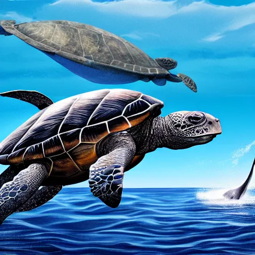 Image similar to a turtle riding a whale in the sea, 8k, digital art, photorealistic