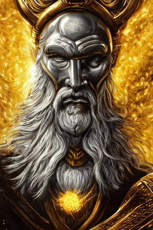 Image similar to mythological odin all father god of thunder and artificial intelligence creating deep learning with gold synapses on an anvil, high resolution, award winning art, trending on art station, sharp image, incredibly detailed, detailed character realistic painting