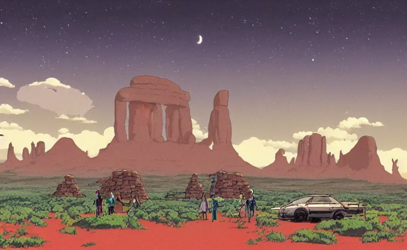 Image similar to a cell - shaded studio ghibli concept art from paprika ( 2 0 0 6 ) of a spaceship from close encounters of the third kind ( 1 9 7 7 ) in a lush temple that looks like monument valley stonehenge jungle. a caravan is in the foreground. very dull colors, portal, hd, 4 k, hq