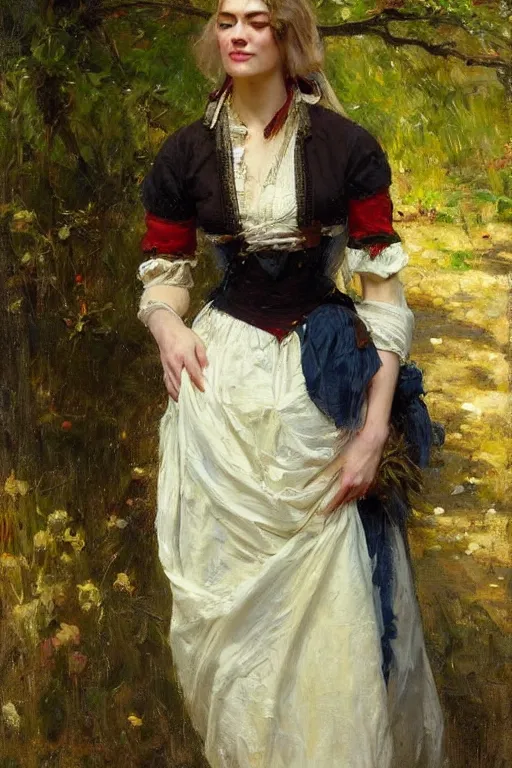 Image similar to Yvonne Strahovski by Solomon Joseph Solomon and Richard Schmid and Jeremy Lipking victorian genre painting full length portrait painting of a young beautiful woman traditional german barmaid in traditional costume