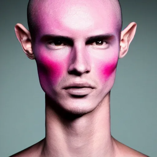 Image similar to a young beautiful slim athletic male with mexican facial features with alien dna, his skin has a pink and blue ombre hue, his eyes pupils are translucid and his hair moves with the wind, photographed by erwin olaf