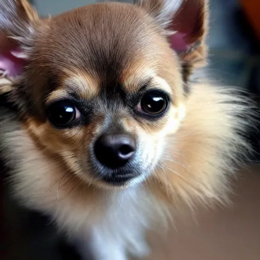 Image similar to a half chihuahua half cat hybrid with long fluffy cat tail and cat eyes, chihuahua body