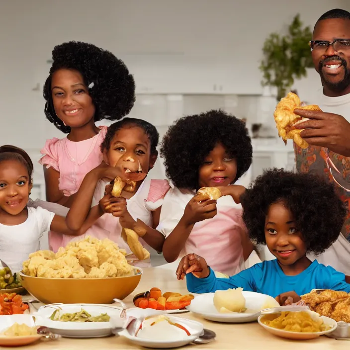 Prompt: African American family in 1979 with two daughters and a son eating chicken, mash potatoes, and rolls for dinner. 3d version style