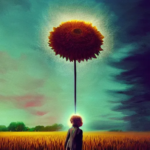 Prompt: giant daisy flower head, standing frontal, a girl in a suit, surreal photography, sunrise, dramatic light, impressionist painting, digital painting, artstation, simon stalenhag