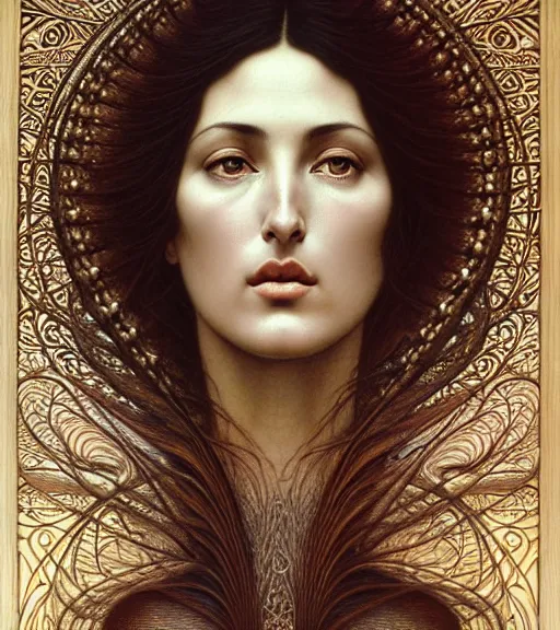 Image similar to detailed realistic beautiful young monica bellucci head and shoulders portrait by jean delville, gustave dore and marco mazzoni, art nouveau, symbolist, visionary, baroque, intricate fractal, maximalism. horizontal symmetry by zdzisław beksinski, iris van herpen, raymond swanland and alphonse mucha. highly detailed, hyper - real, beautiful