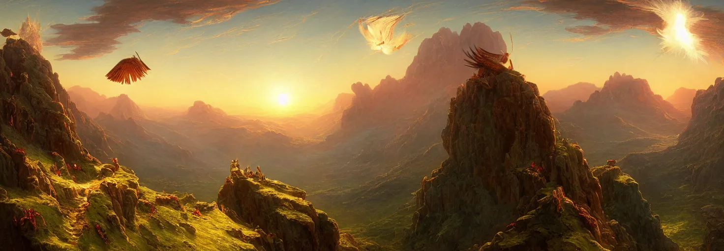 Image similar to Icarus with his wings on fire crashed and burned on the side of a mountain while Daedalus bows his head in disbelief from his workshop in the mountains below. in the style of a surreal and awe-inspiring thomas cole and bruce pennington digital art panorama landscape painting at sunset. unreal engine, 4k, matte, exquisite detail