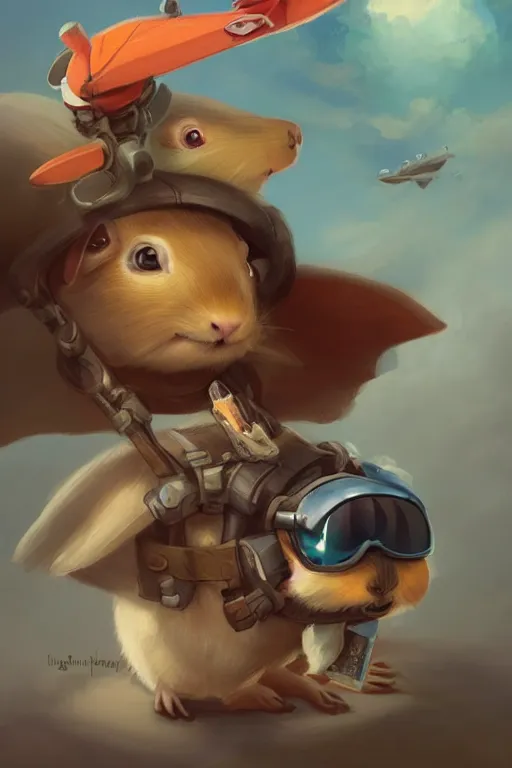 Image similar to cute little anthropomorphic Guinea Pig Piloting a plane , tiny, small, short, Pilot outfit, cute and adorable, pretty, beautiful, DnD character art portrait, matte fantasy painting, DeviantArt Artstation, by Jason Felix by Steve Argyle by Tyler Jacobson by Peter Mohrbacher, cinematic lighting