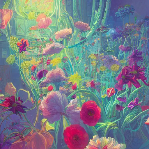 Prompt: a messy group of flowers, flowers with very long petals, summer sunlight, hard light and long shadows, neon glowing, vivid, detailed painting, by James Jean and Ross Tran, masterpiece, award winning painting