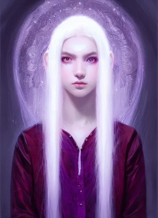 Image similar to hair whitebangs hair, white hair, whitebangsblackhair, portrait of teenage girl with white bangs, red irises, purple clothes, intricate, elegant, glowing lights, highly detailed, digital painting, artstation, concept art, sharp focus, illustration, art by wlop, mars ravelo and greg rutkowski