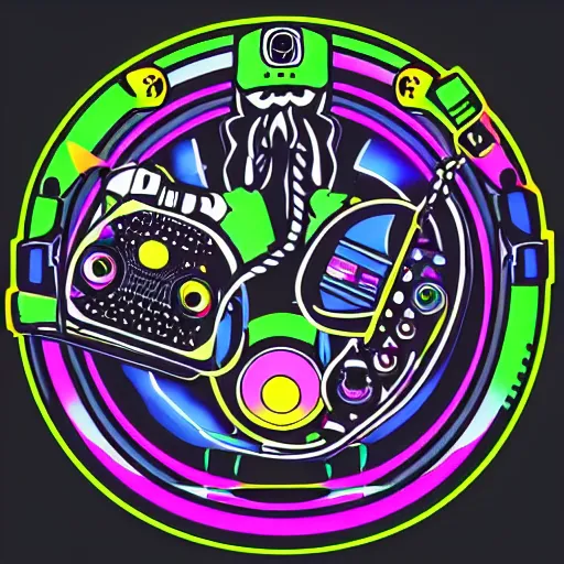 Image similar to svg sticker of a Pop-Wonder Alien-Bog-Monster-Swamp-Rat-Thunder-Coot-Racing-Fan at a rave, spinning records, giant headphones rocking out, wearing headphones, huge speakers, dancing, rave, DJ, spinning records, digital art, amazing composition, rule-of-thirds, award-winning, trending on artstation, featured on deviantart