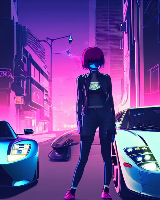 Image similar to digital illustration of cyberpunk pretty girl with pink hair, standing by a blue ford gt in a street at night, under streetlights, by makoto shinkai, ilya kuvshinov, lois van baarle, rossdraws, basquiat