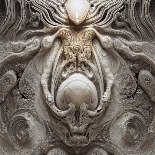 Image similar to carved white marble alien biomechanical sculpture, persian rug, Mandelbulb 3D fractal, trending on artstation, subtle gold accents, beautifully lit, bt Zdzislaw Beksinski, thsutomu nihei, Peter mohrbacher, hyper detialed, insane details, intricate, elite, ornate, elegante luxury, dramatic lighting, CGsociety, hypermaximalist, golden ratio, environmental key art, octane render, weta digital, microdetails, structure, ray trace