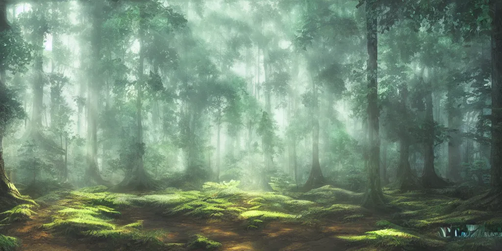 Image similar to a forest, cinematic angle, studio Ghibli, cinematic lighting, digital art, detailed oil painting, hyperrealistic, 8k