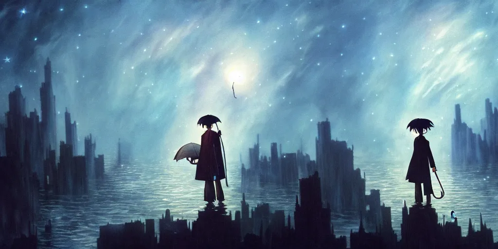 Prompt: a realistic and atmospheric cell - shaded concept art from howl's moving castle ( 2 0 0 4 ) of a multi - colored ufo in the air. a man with an umbrella is standing in a flooded city. it is a misty starry night. very dull muted colors, hd, 4 k, hq