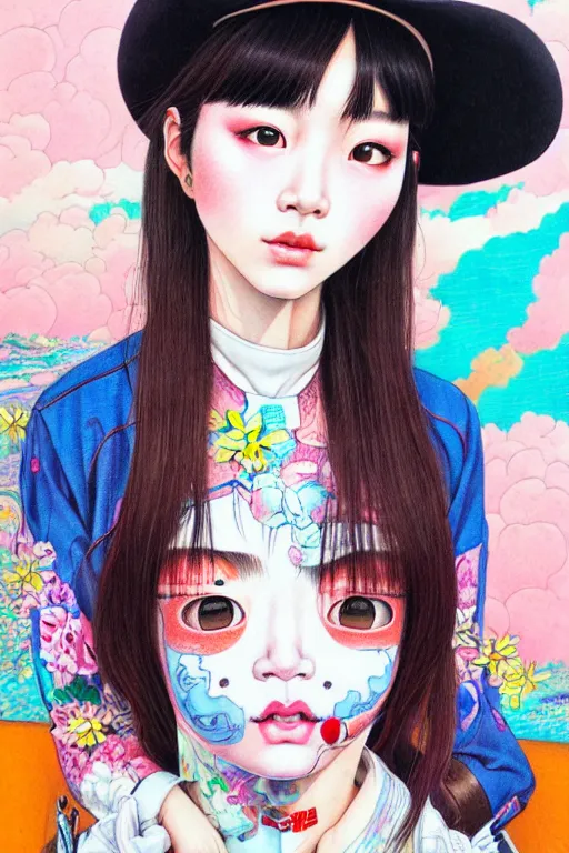 Image similar to taiwanese girl wearing cowboy hat, style of yoshii chie and hikari shimoda and martine johanna, highly detailed