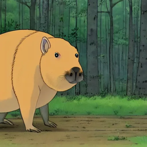 Prompt: happy Capybara in the forest, anime, by Miyazaki