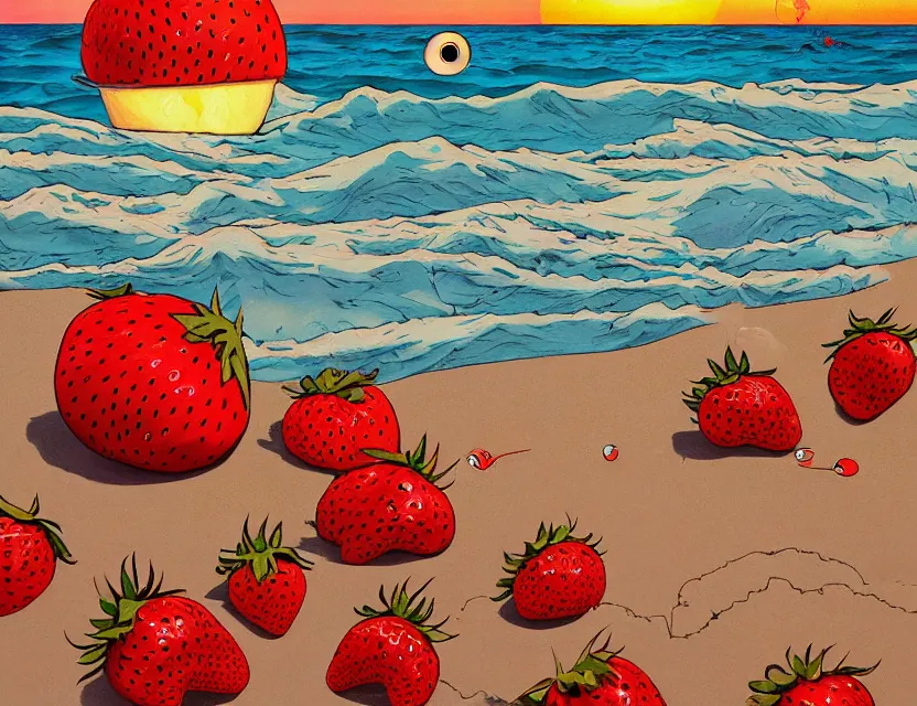 Prompt: a funny painting with rough brush of a lazy red burned tomato with googly eyes on a beach, big piles of strawberry icecream surfing, a sunset by james jean