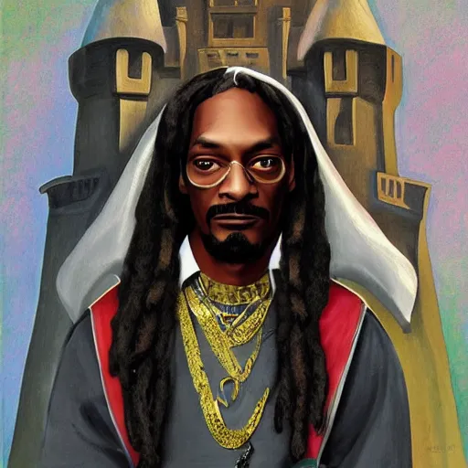 Image similar to Painting of Snoop dog in armor standing in front of a castle in style of Charlie Bowater