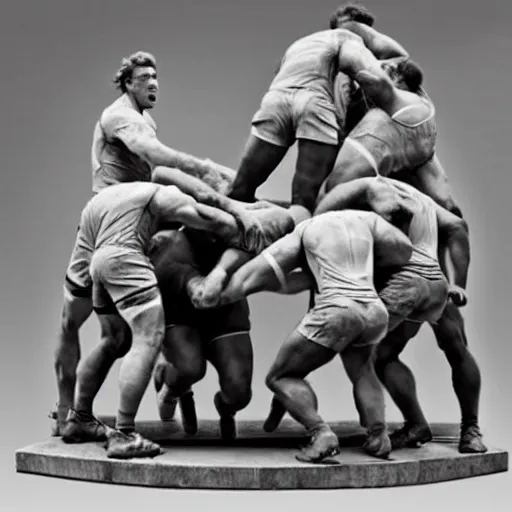 Prompt: handsome rugby players in a scrum, marble sculpture