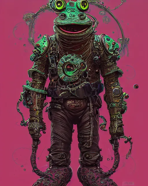 Image similar to a slimy anthropomorphic toad king wearing ornate cyberpunk armor, smooth, intricate, elegant, digital painting, artstation, steam, grungy steel, concept art, sharp focus, octane render, illustration, art by josan gonzalez,