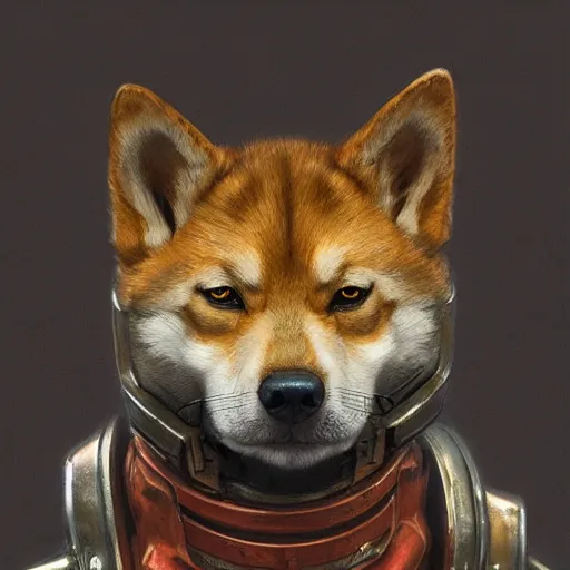 Prompt: wearing warhammer 4 0 0 0 0 emperor armor realistic anthropomorphic shiba inu scifi cyberpunk, visible face and full body portrait art by donato giancola and greg rutkowski, vintage retro scifi, realistic face, digital art, trending on artstation, symmetry