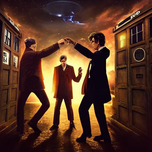 Image similar to doctor who fighting with godfather, highly detailed, digital art, cinematic lighting, illustration, 4 k