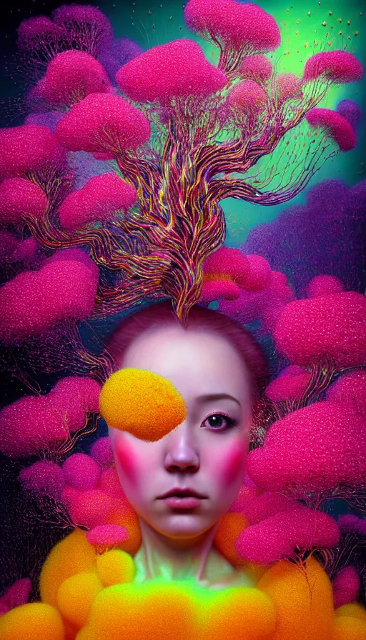 Image similar to hyper detailed 3d render like a Oil painting - kawaii Aurora (Singer) seen Eating of the Strangling network of colorful yellowcake and aerochrome and milky Fruit and Her delicate Hands hold of gossamer polyp blossoms bring iridescent fungal flowers whose spores black the foolish stars by Jacek Yerka, Mariusz Lewandowski, Houdini algorithmic generative render, Abstract brush strokes, Masterpiece, Edward Hopper and James Gilleard, Zdzislaw Beksinski, Mark Ryden, Wolfgang Lettl, hints of Yayoi Kasuma, octane render, 8k