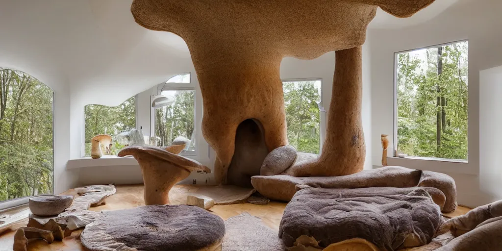 Prompt: cozy residence in the cap of enormous toadstool mushroom, warm light in windows, chimney