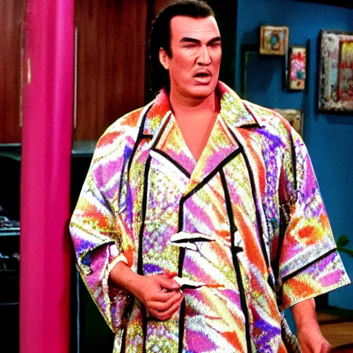 Prompt: Steven seagal as Kramer in Seinfeld wearing a technicolor dreamcoat