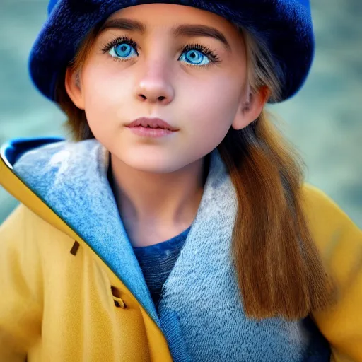 Image similar to a little portuguese girl with white - fair!!!!! skin, dirty blonde hair and blue eyes, wearing a disney land coat and blue jeans, 4 k, 8 k, photorealistic facial features