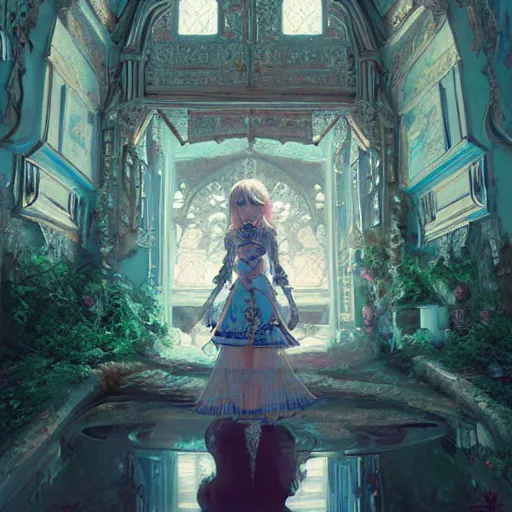 Image similar to beautiful young girl in intricate clothing by ross tran, walking in a castle painted by sana takeda, reflections, very high intricate details, painting, digital anime art, medium shot, mid - shot, composition by ilya kuvshinov, lighting by greg rutkowski