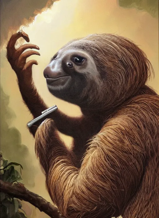 Image similar to ultra realistic portrait painting of a sloth smoking a joint, vaguely resembling snoop dogg, art by frank frazetta, 4 k, ultra realistic, highly detailed, epic lighting