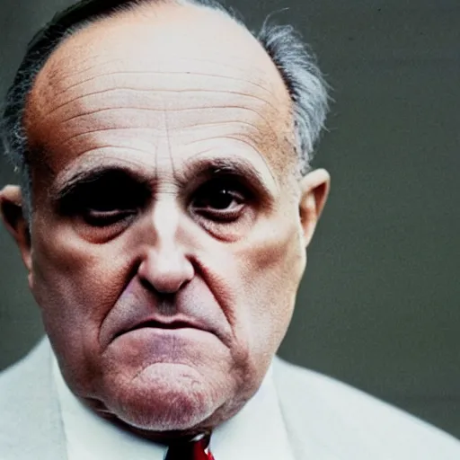 Image similar to closeup hyper detailed portait film color photograph of rudy giuliani looking very upset and frightened covered in white powder holding an envelope