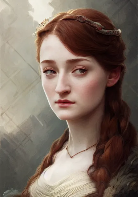 Image similar to portrait of little bird sansa stark, intricate, elegant, highly detailed, digital painting, artstation, concept art, smooth, sharp focus, illustration, art by artgerm and greg rutkowski and alphonse mucha and william - adolphe bouguereau