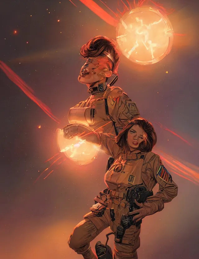 Image similar to a brown - haired woman in a military uniform hovering in the air glowing with red light and crackling energy, by frank fazetta and moebius, trending on artstation, digital art, 4 k resolution, detailed, high quality, sharp focus, hq artwork, coherent, insane detail, concept art, character concept, character full body portrait