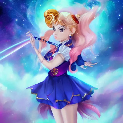 Prompt: a high fantasy portrait of a celestial magical girl, sailor moon, star guardians very beautiful, very attractive, trending on artstation, cool color scheme, unreal engine, semi - realism, deviant art