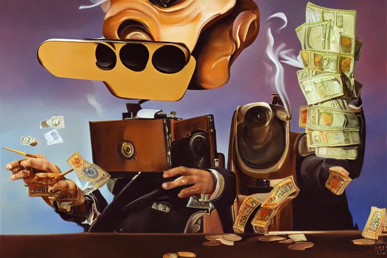 Prompt: Salvador Dali and WALL-E smoking cigars, counting money and holding keys, oil on canvas, artstation, portrait, masterpiece, aesthetic