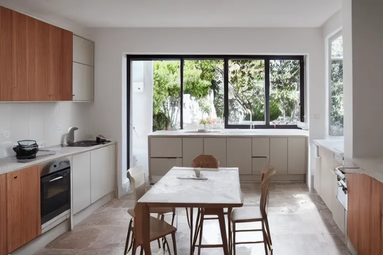 Image similar to Photography of modern Provence style kitchen with cat on the table, photorealism