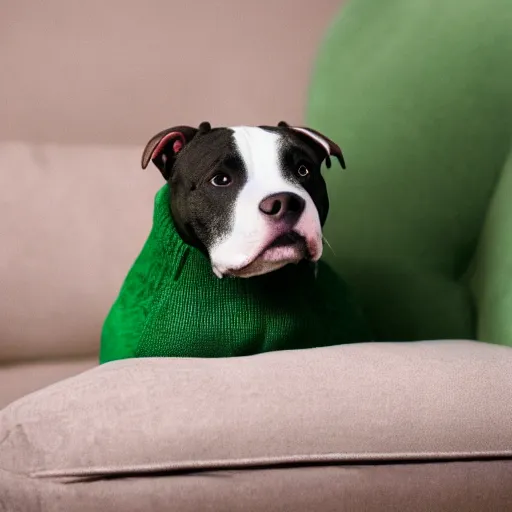 Image similar to American Staffordshire terrier wearing a green sweater, sitting on a sofa, 8k