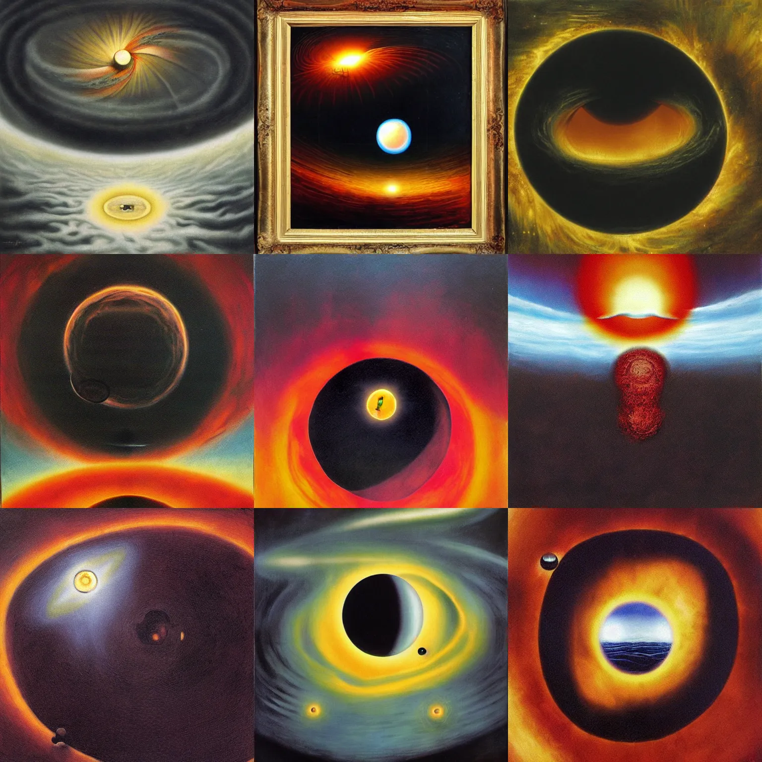 Prompt: the sun becomes a black hole, surreal, symbolic painting by Victor Hugo