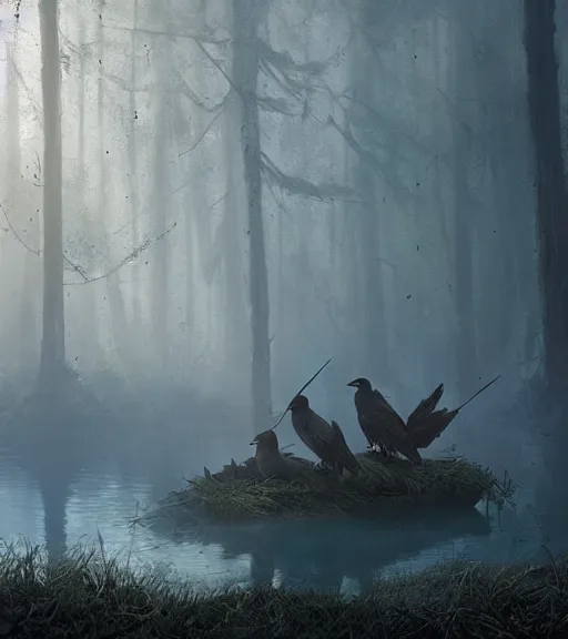 Image similar to three crows in a little boat in a swamp, volumetric lighting, fog, majestic light, octane render, ethereal glare of the sun, hyperrealistic, epic, masterpiece, by greg rutkowski