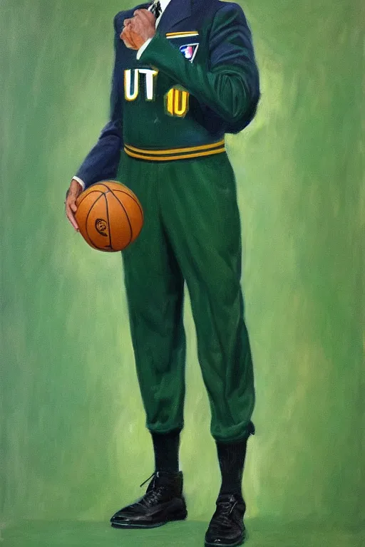Prompt: full body portrait of the dictator of the nba utah jazz, 1 8 8 9, in full military garb, navy, green, oil on canvas by william sidney mount, trending on artstation